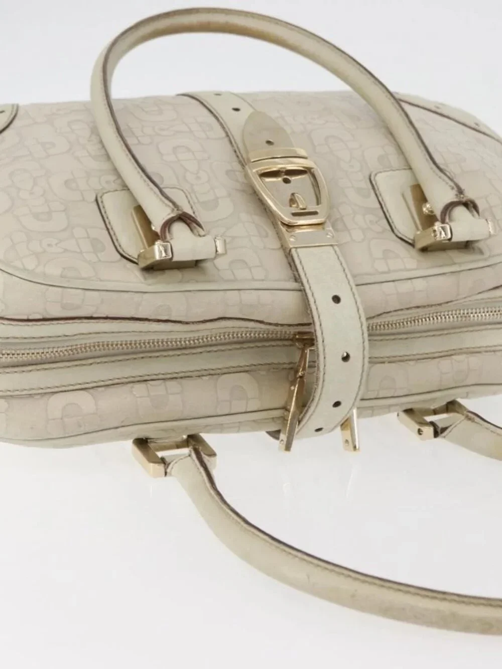 GUCCI Horsebit Hand Bag Leather White Gold 145770 Auth bs34368